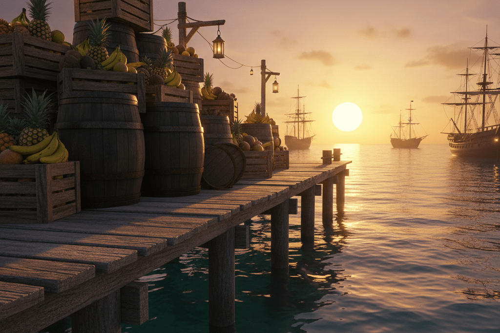 Wide shot of a Caribbean dock filled with crates of fruits and barrels during sunset, reflecting historical trade routes