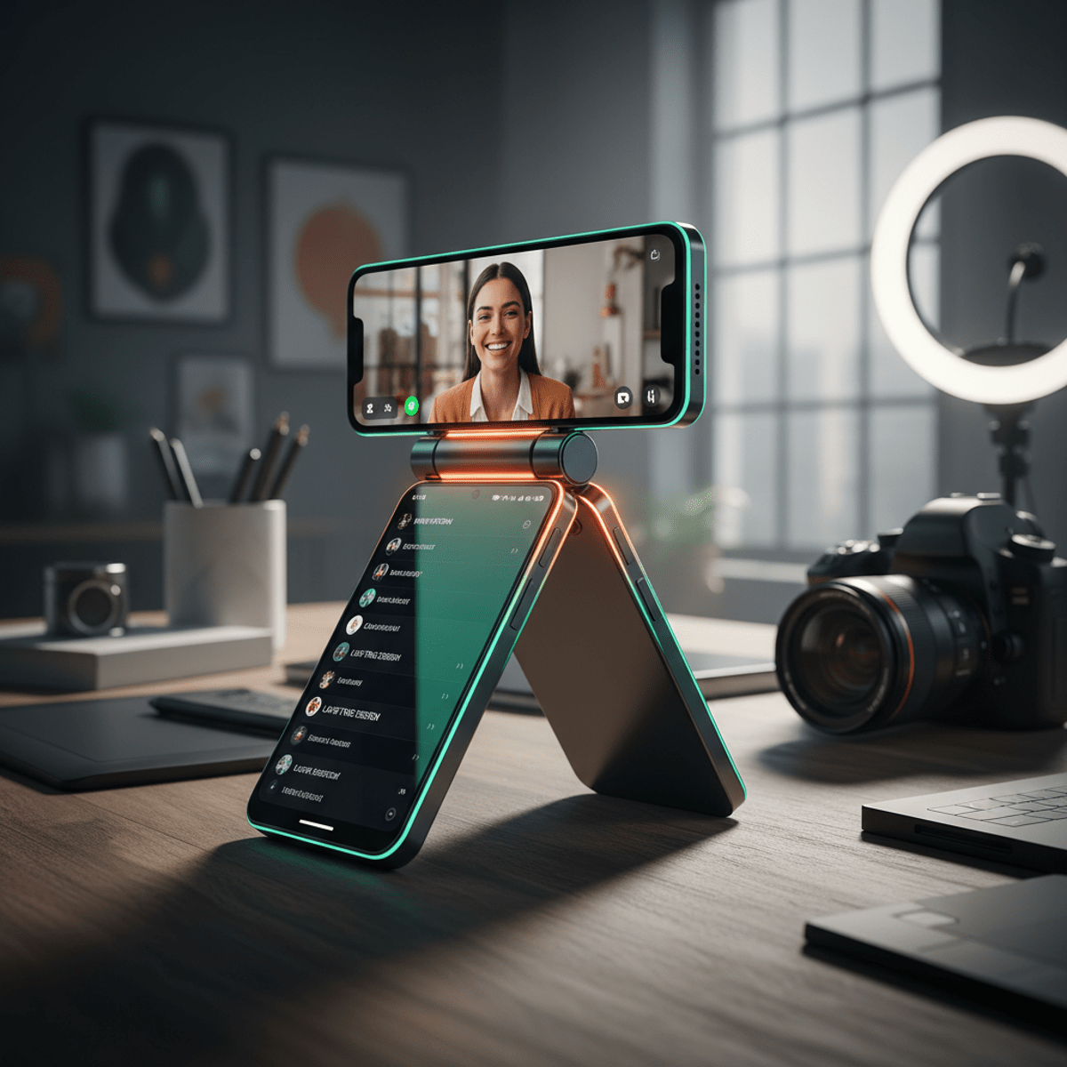 Dual-screen phone in T-configuration with live video and comments in creative workspace.