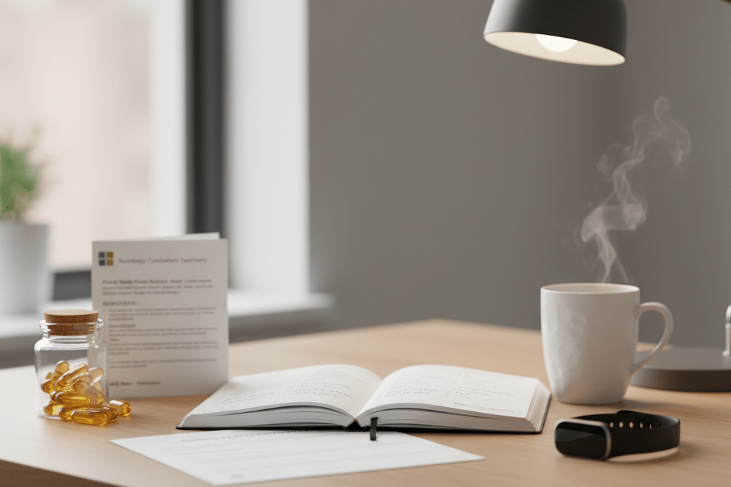 Medium shot of a wellness journal, supplements, medical summary, and health tracker on a naturally lit desk