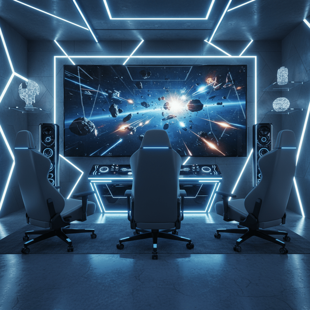 High-tech gaming lounge with dynamic lighting and a space battle on a large screen.