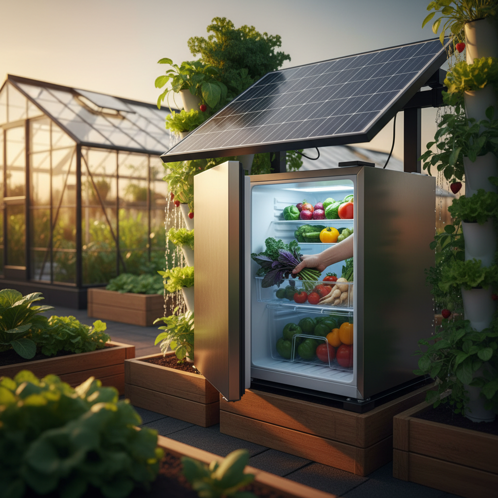 Compact solar refrigerator in a rooftop farm, storing fresh vegetables.