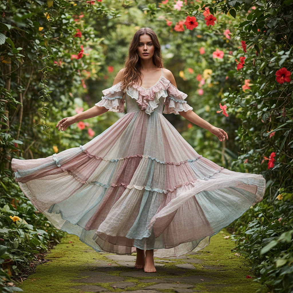Romantic bohemian dress with linen gauze ruffles in a lush tropical garden.