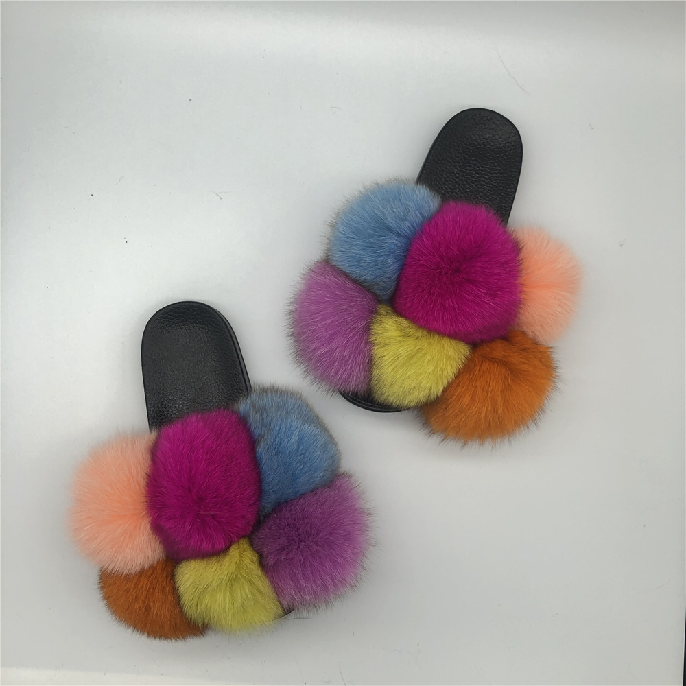 Fast Shipping Girl Footwear Ladies Fur Shoes Flat Sandals Fox Real Fur Slippers No-slip Sandal Female Fur Slides