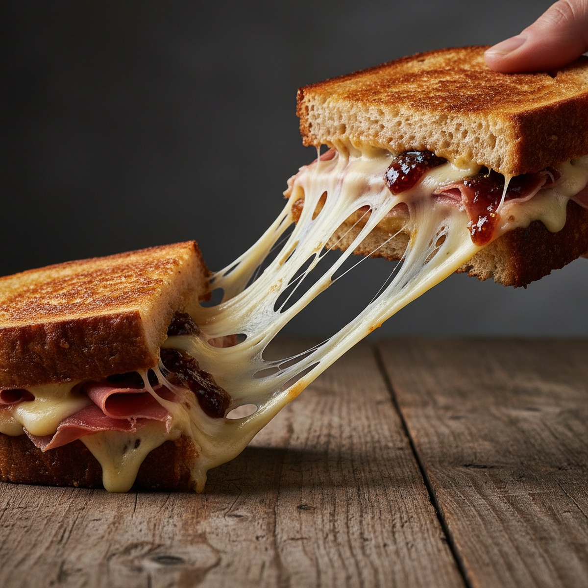 Gourmet grilled cheese sandwich pulled apart showing molten aged Gruyère, Taleggio, and cheddar.
