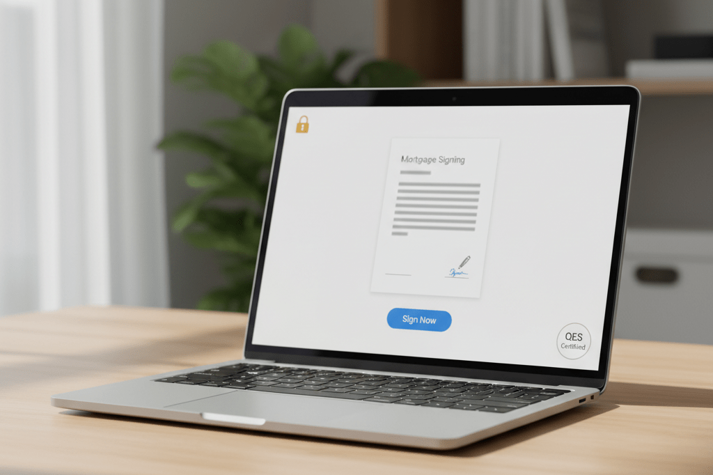 Laptop on wooden desk showing secure digital mortgage signing screen with security indicators, natural and ambient lighting, no people or text visible