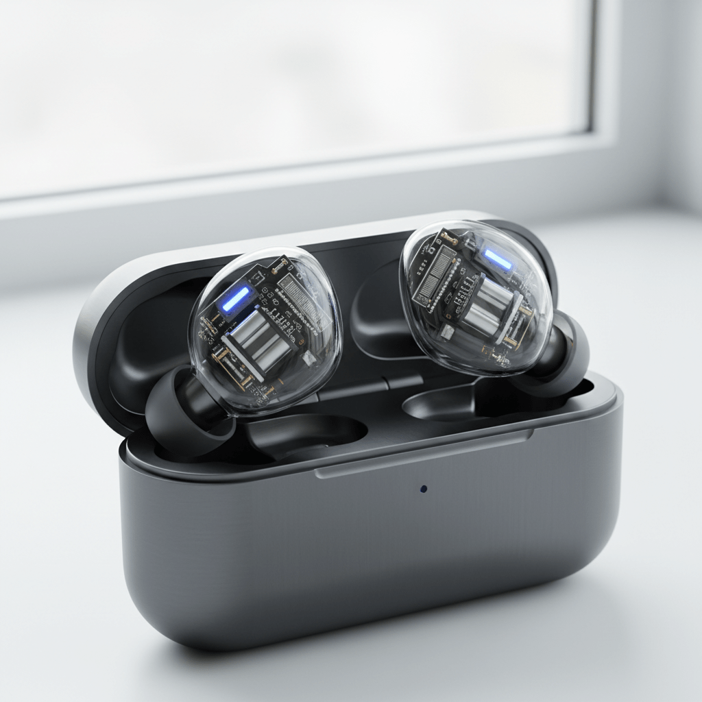 Transparent earbuds reveal intricate drivers and battery, with a sleek aluminum charging case.