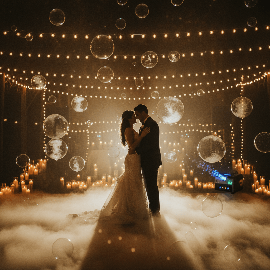 Bride and groom dance in a romantic embrace amidst luminous fog bubbles and candlelight.
