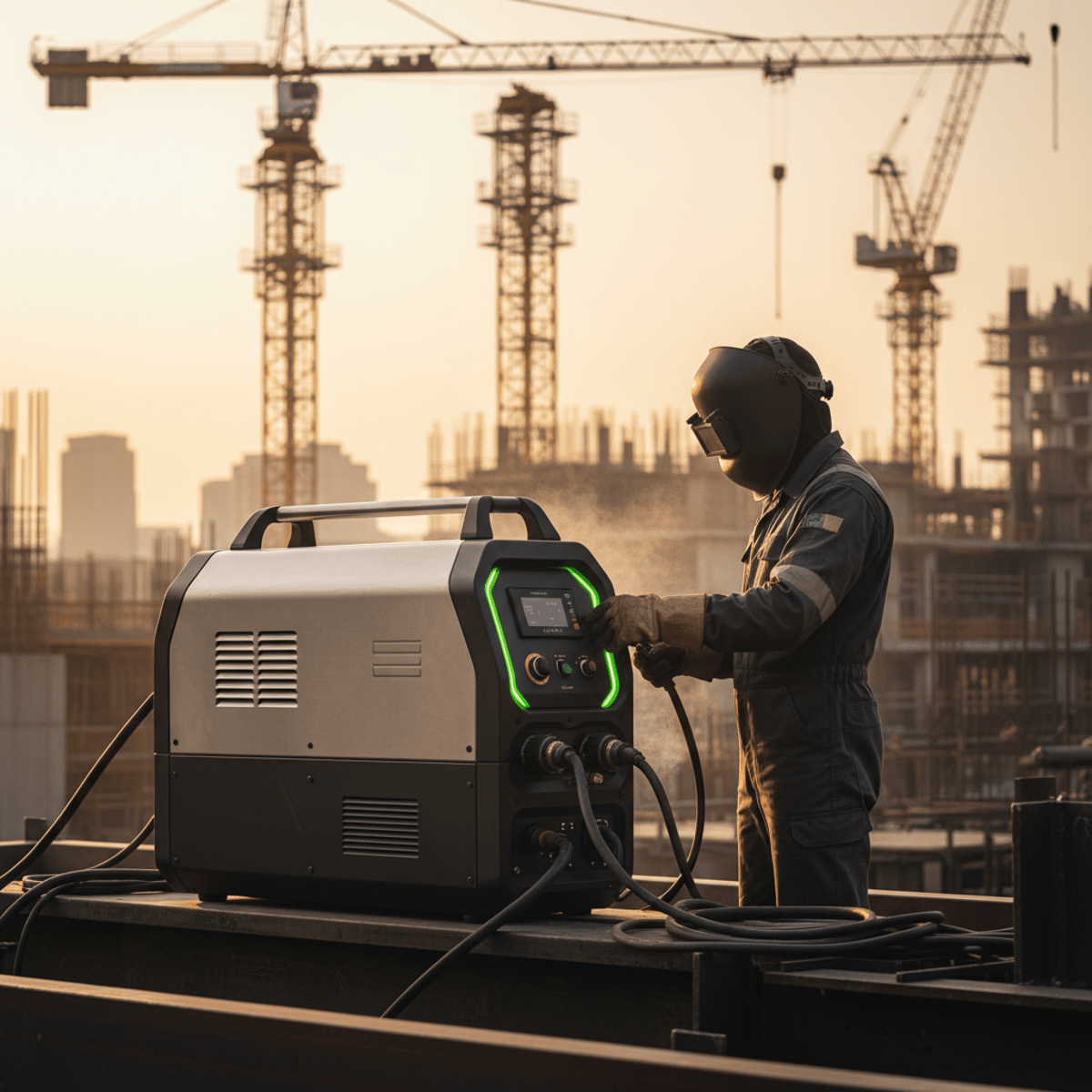 Modern eco-conscious stick welding plant operating quietly at an urban construction site.
