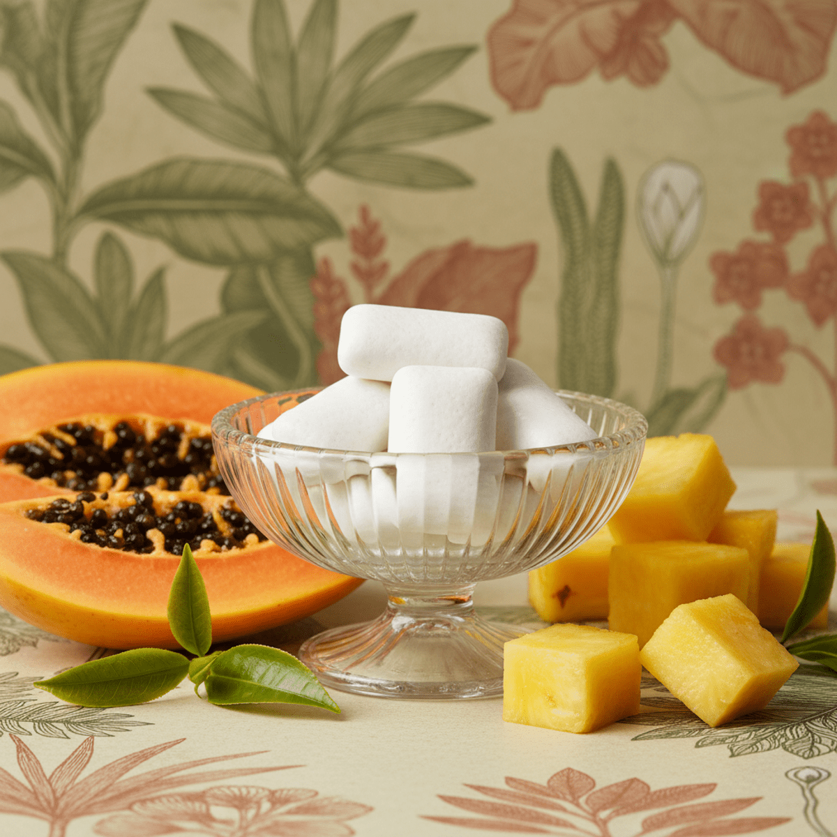 Teeth whitening gum with fresh fruit and green tea in an elegant dish.