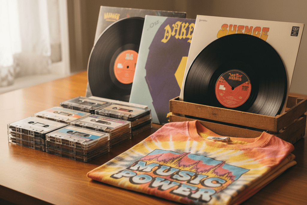 Close-up of vintage cassettes, vinyl records, and band t-shirts artfully arranged under soft natural light, evoking nostalgia for 90s music culture.