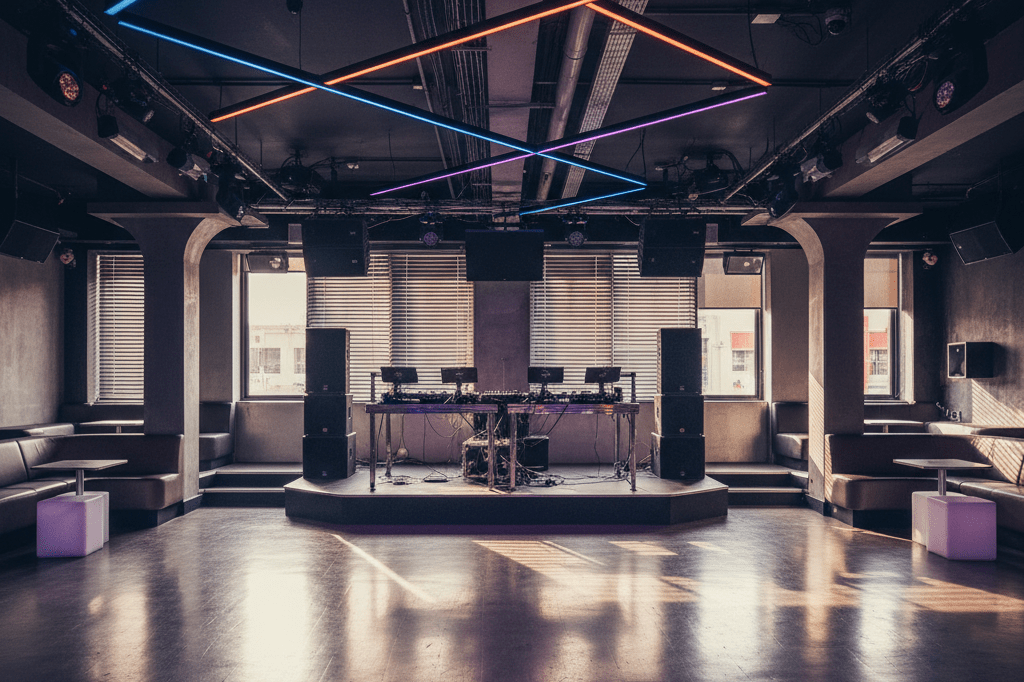 Wide shot of a vibrant Melbourne nightclub interior featuring advanced equipment and atmospheric lighting under blended natural and artificial illumination