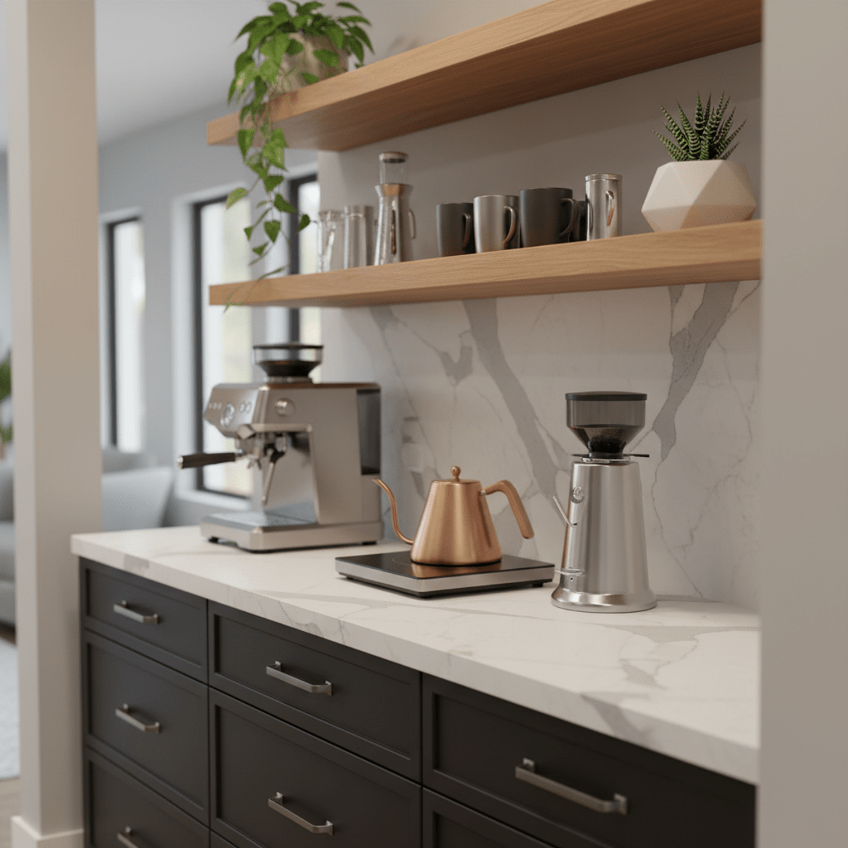 Contemporary coffee bar nook with white quartz remnant countertops and warm wooden shelves.