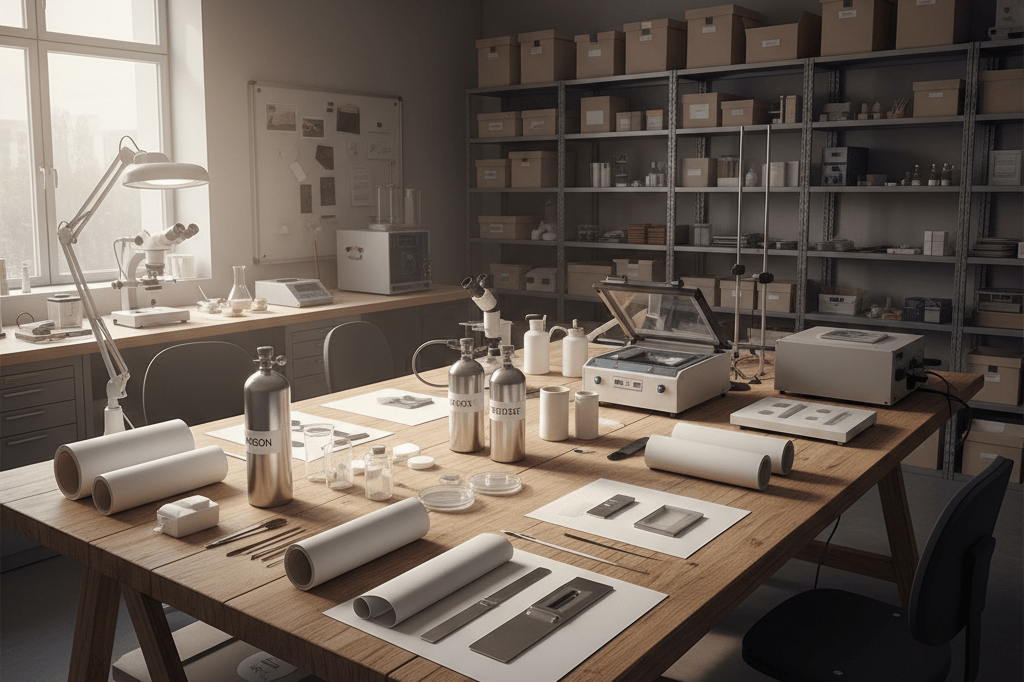 Archaeological workspace with advanced preservation materials under natural light, symbolizing technological progress