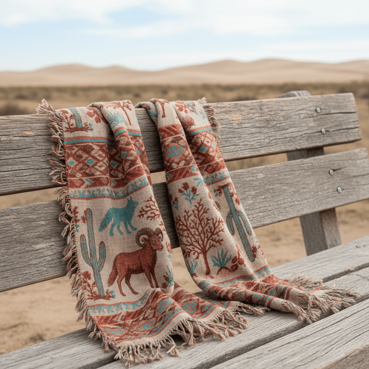 Bohemian desert animal print scarf with rattlesnake and sheep motifs on a wooden bench.