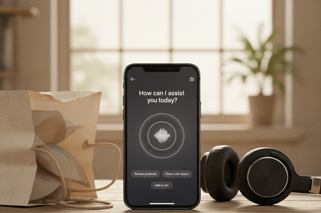 Close-up of a smartphone with a voice assistant interface hinting at seamless voice commerce technology