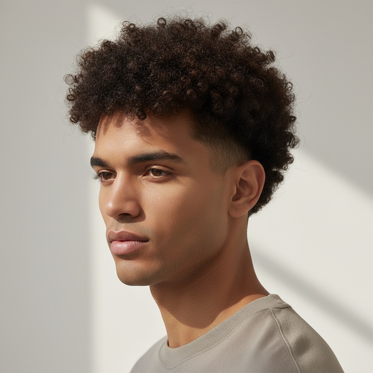 Male model with a low taper haircut featuring natural, voluminous curls and defined texture.