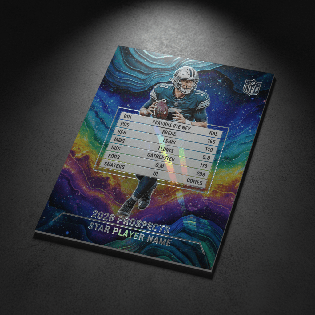 Holographic football card with cosmic nebula patterns and prismatic light effects.