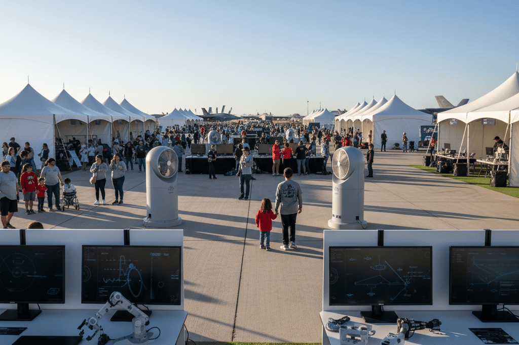 Wide-angle view of aviation technology booths and visitor activity at a sunny airshow venue, highlighting logistical coordination and innovation