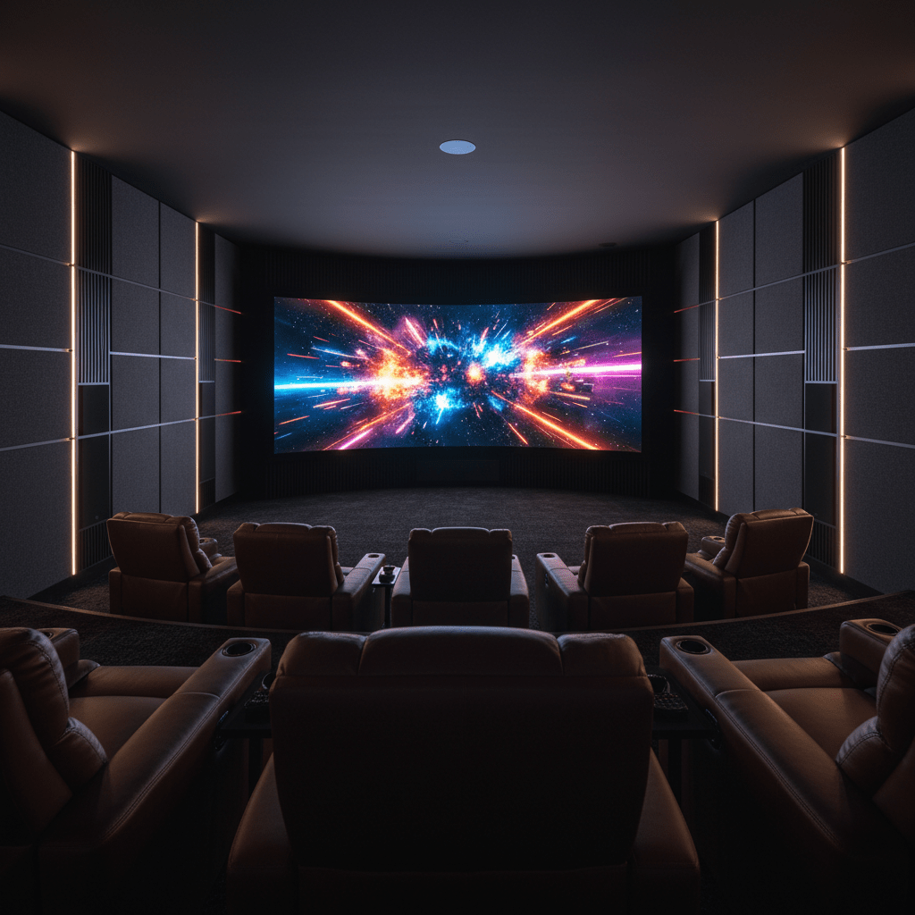Luxury home cinema with a massive MicroLED screen and tiered leather seating.