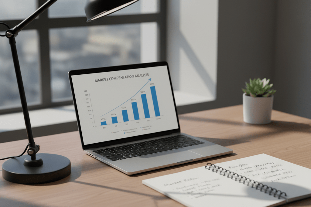 Office desk featuring laptop with salary charts under natural and ambient light, promoting workplace openness