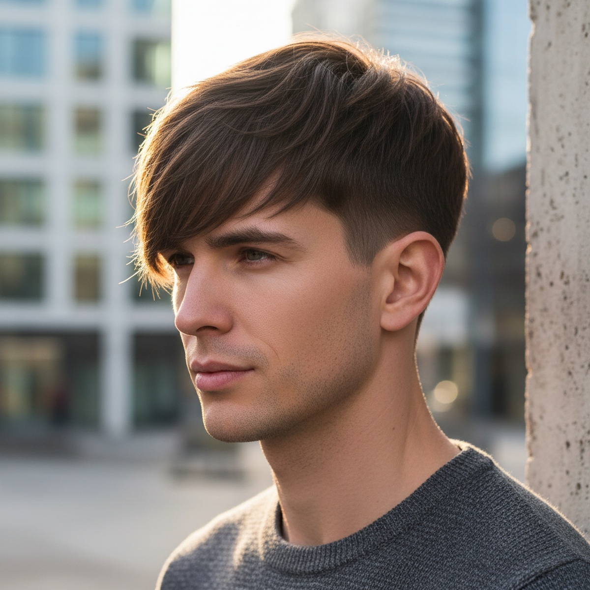 Model with textured fringe and high undercut, styled for a modern urban look.