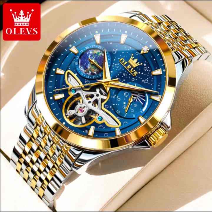 OLEVS 6705 Chic marca de relojes para hombre luminoso impermeable  completamente automático reloj mecánico cielo estrellado esfera fase lunar  ahueca
