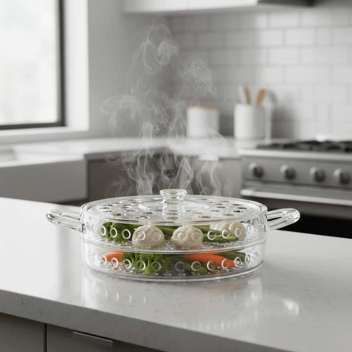 Transparent glass steamer pot with vibrant vegetables and dumplings, releasing steam.