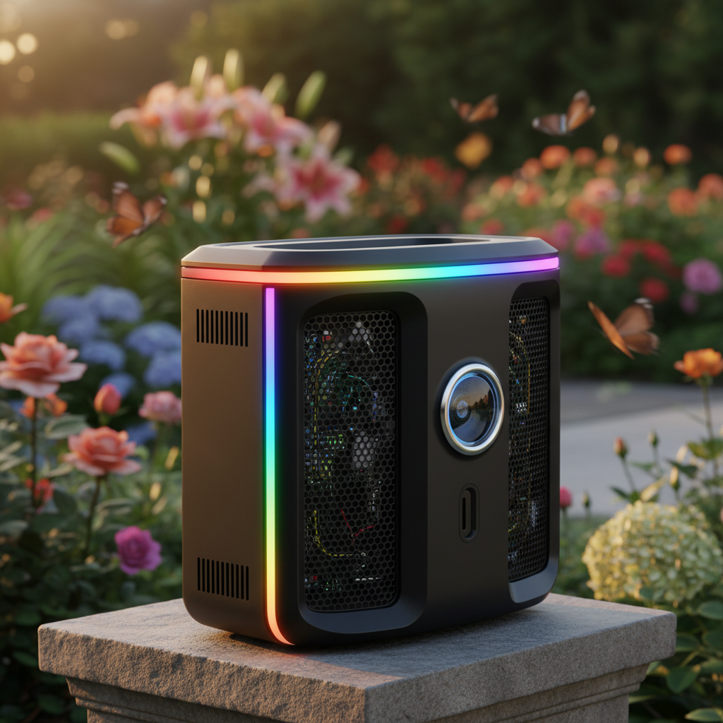 Futuristic outdoor bug zapper with LED lighting Sleek matte black outdoor bug zapper with colorful LED band in a garden.