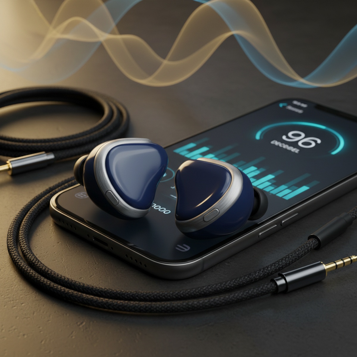 Macro shot of ergonomic concert earplugs with glowing app interface on smartphone.