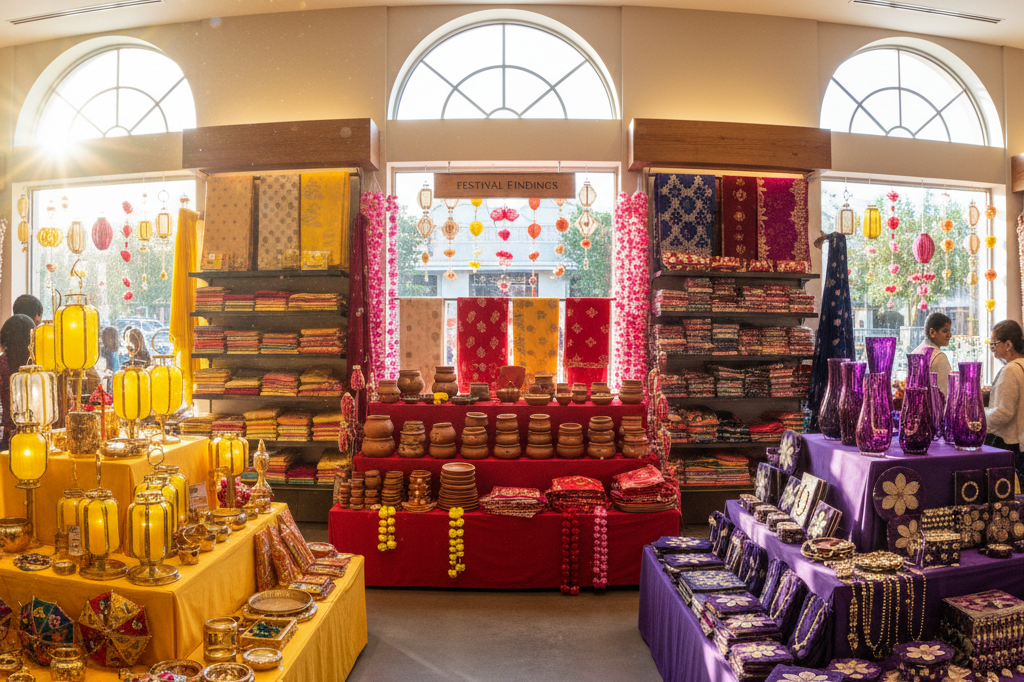 Color-coded festive merchandise displayed in a retail store to align with Chaitra Navratri's traditional color sequence
