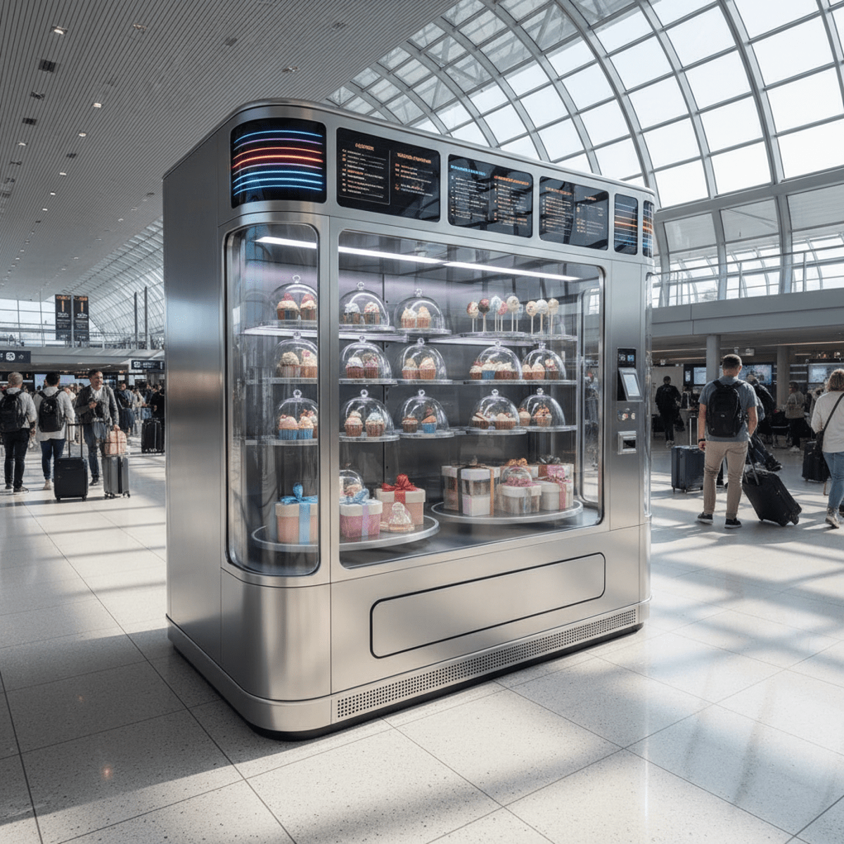 Sleek futuristic cake vending machine in a busy airport departure lounge.