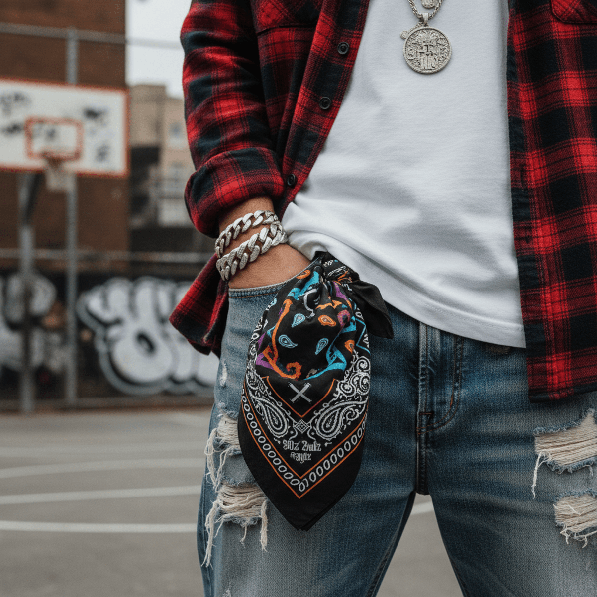 Customized bandana tied to ripped jeans, embodying 90s hip hop fashion.