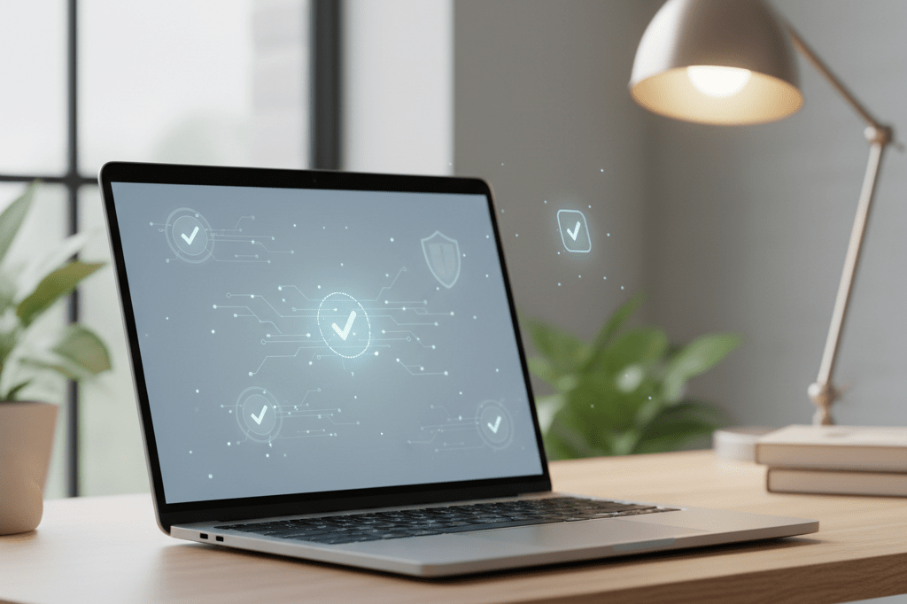 Medium shot of a laptop screen showing abstract digital verification elements under natural and warm ambient light