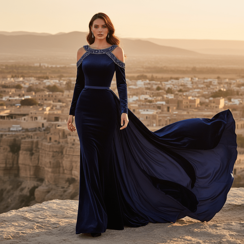 Formal cold shoulder evening gown in rich midnight velvet with a sweeping train.