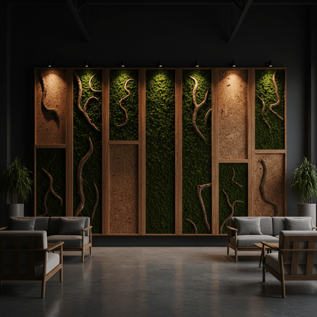 Natural wall textures in a modern commercial lounge Modern lounge wall paneling with preserved moss, cork, and bark textures.