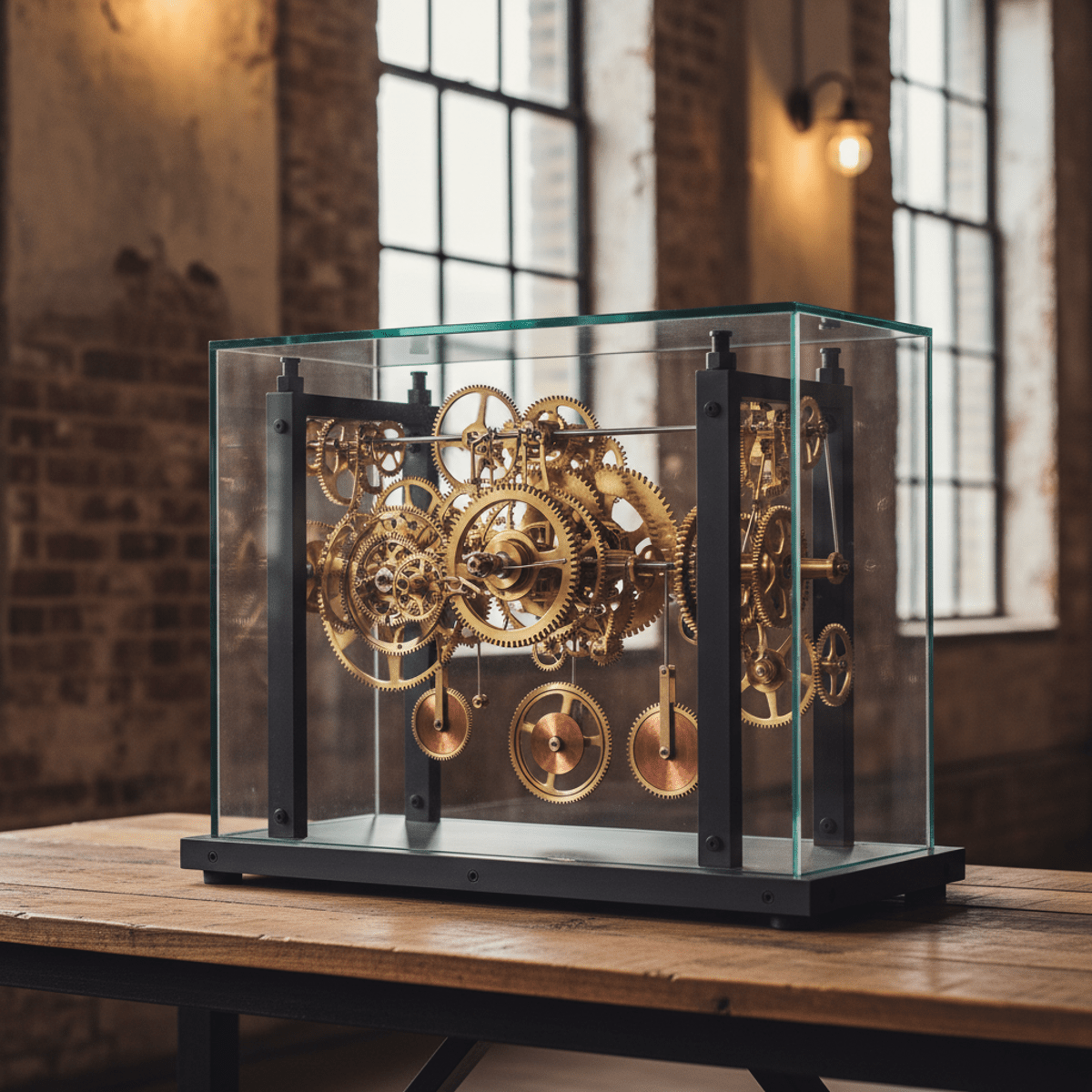 Kinetic clock sculpture with exposed gears and pendulums in a glass case.