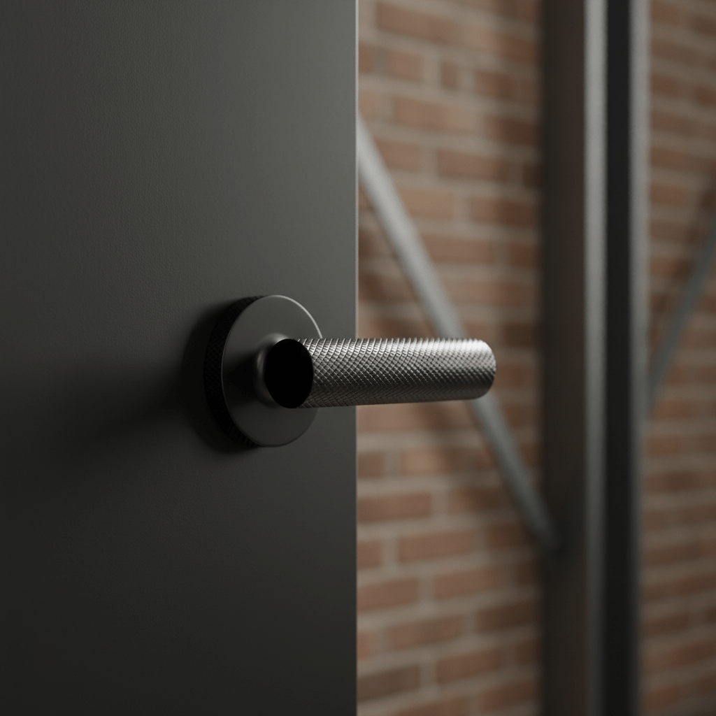 Close-up of a black T-bar door knob with diamond knurling on a matte door.
