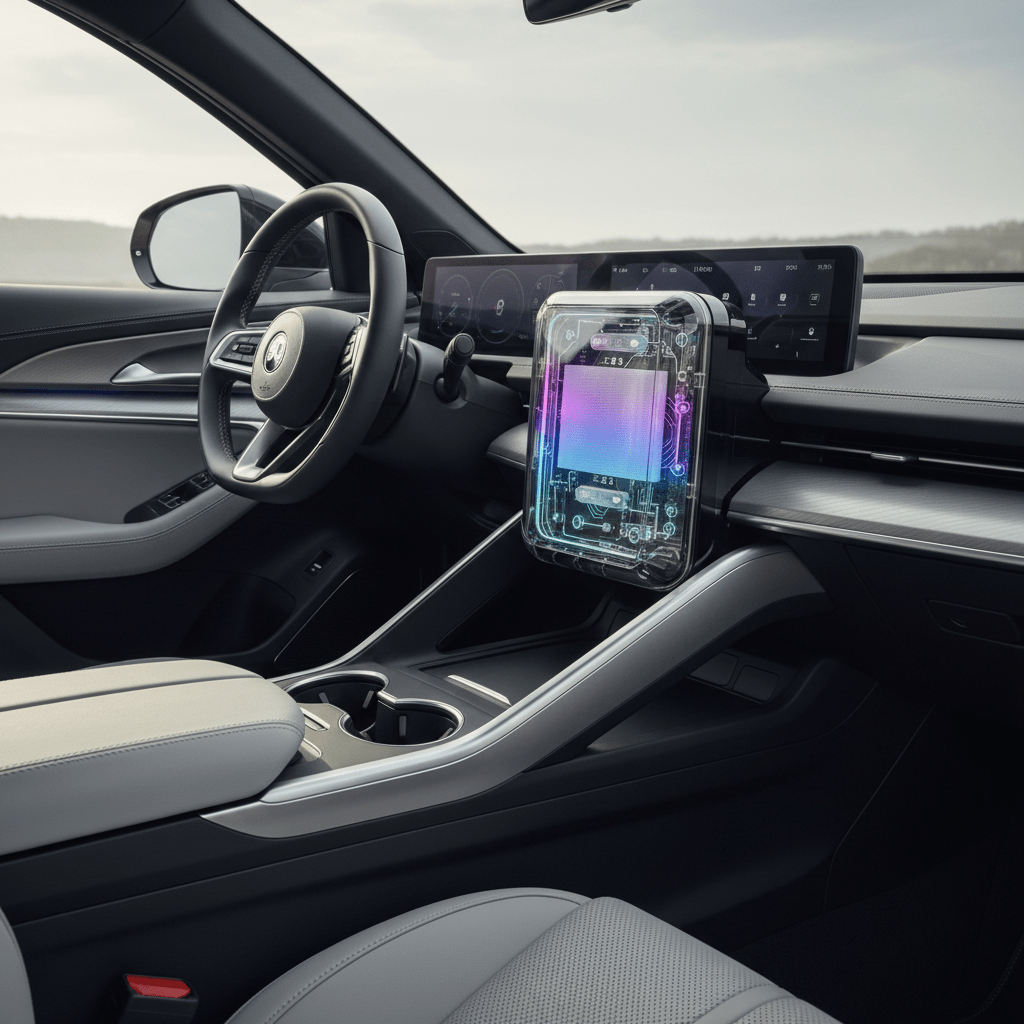 Transparent car air purifier with HEPA filter and RGB lights in modern interior.