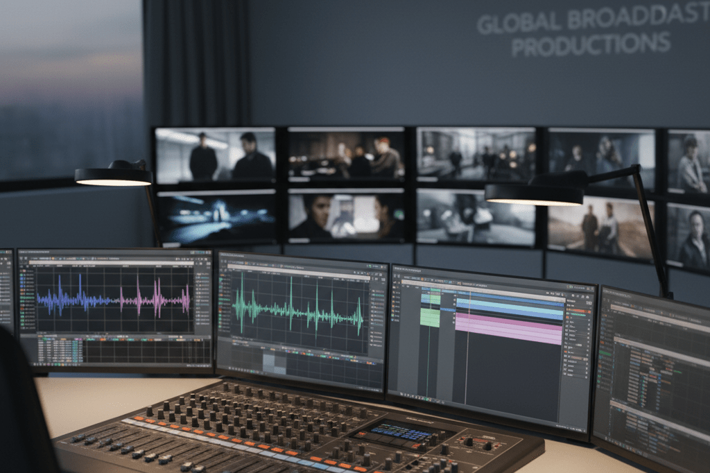 Medium shot of a dimly lit TV control room with glowing monitors, soundboard, and script pages, evoking high-end drama series editing