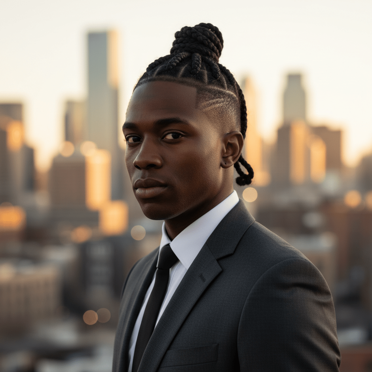 Black man with sharp rope braid top knot and clean high fade taper.