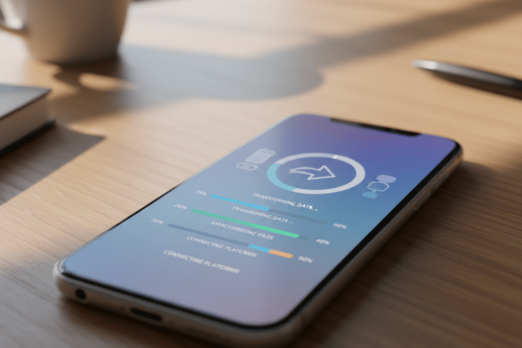 Close-up of a smartphone screen with an abstract digital transfer process, illuminated by soft ambient light