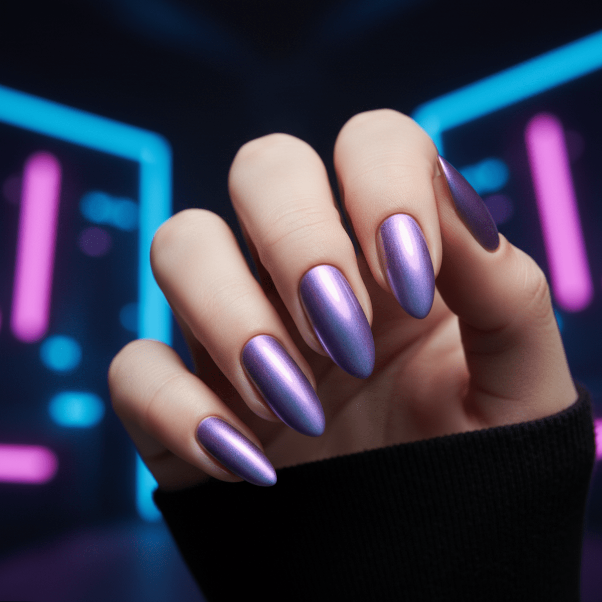 Close-up of futuristic chrome nails in Digital Lavender with holographic, liquid metal texture.