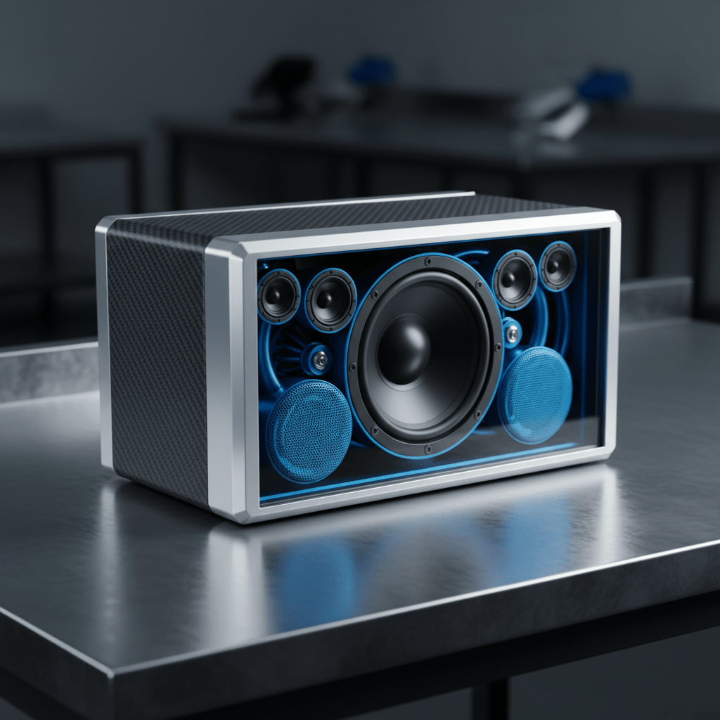 Close-up of advanced audio enclosure with polished aluminum and carbon fiber panels.