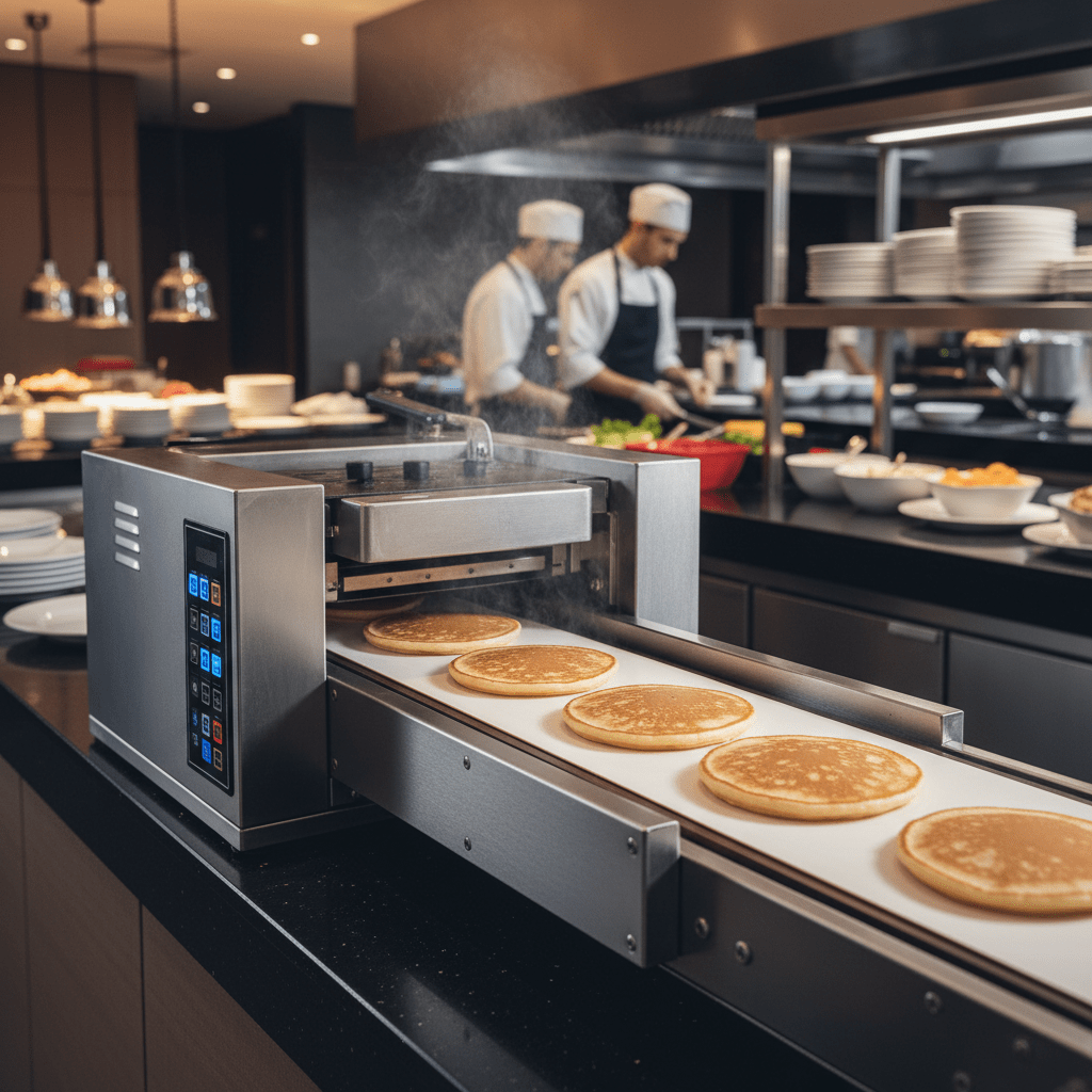 Modern hotel breakfast buffet pancake machine in operation, producing golden-brown pancakes.