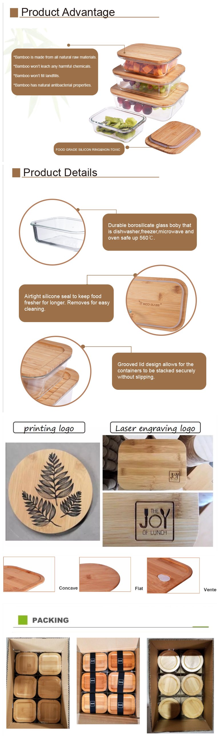 Eco-Friendly meal prep bamboo glass container with silicon ring