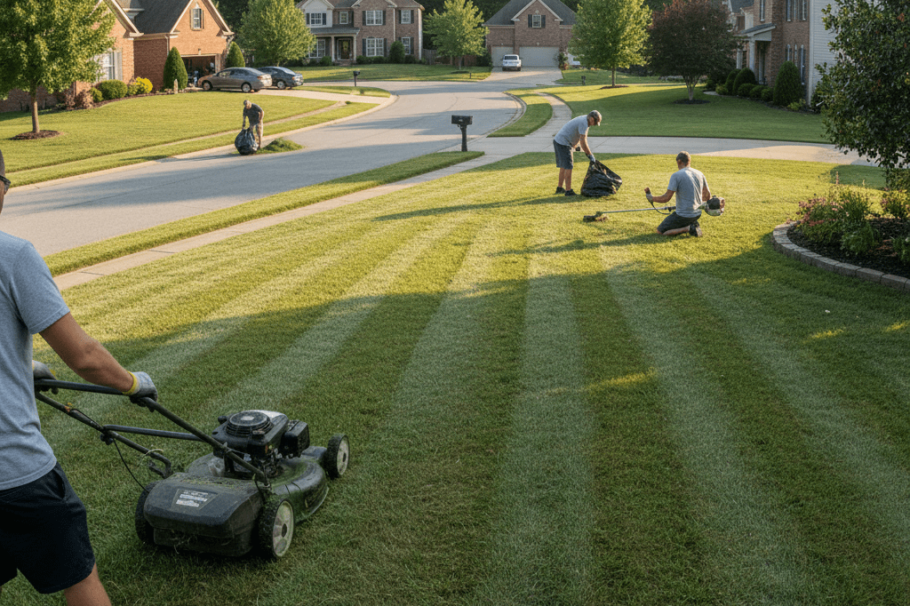 Wide shot of suburban neighbors mowing lawns together under natural daylight, illustrating community-driven social behavior trends
