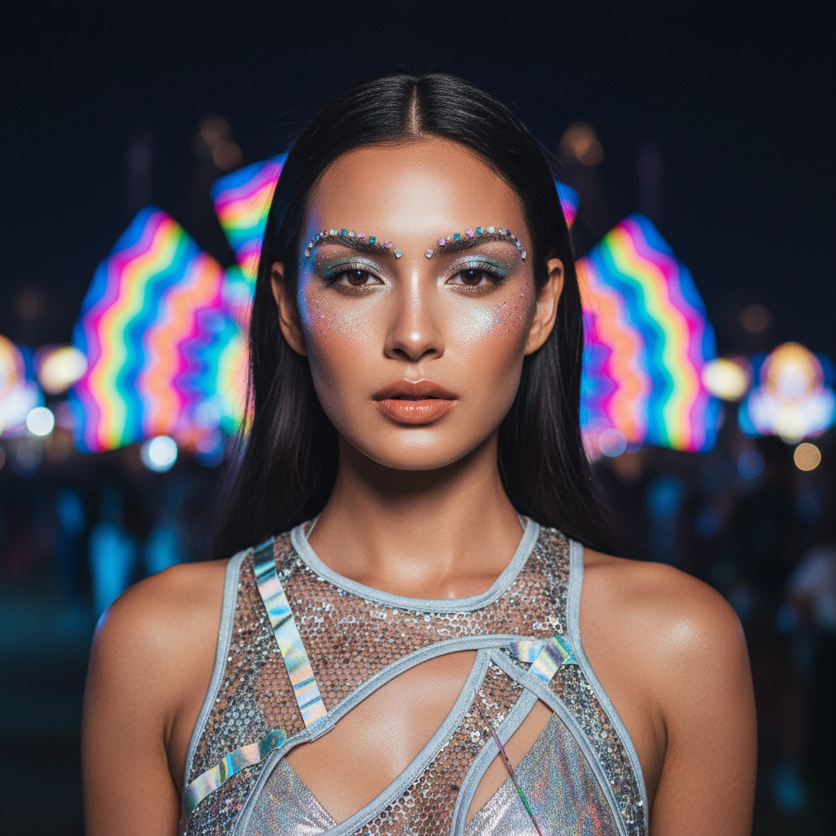 Model with shimmering glitter and holographic makeup accents, cinematic lighting.