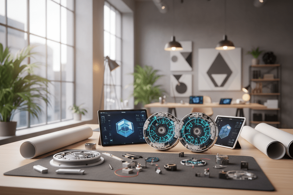 Wide shot of sleek tech gadget prototypes arranged on a wooden table under soft natural light, evoking creativity and precision