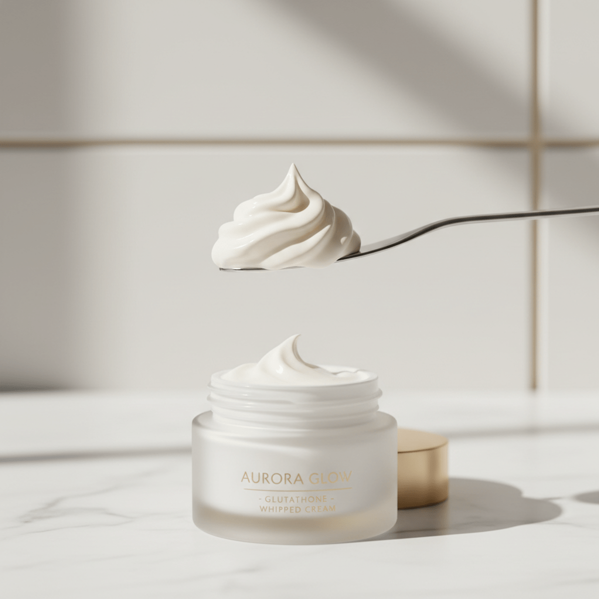 Luxurious glutathione cream with whipped texture in frosted jar, studio shot.