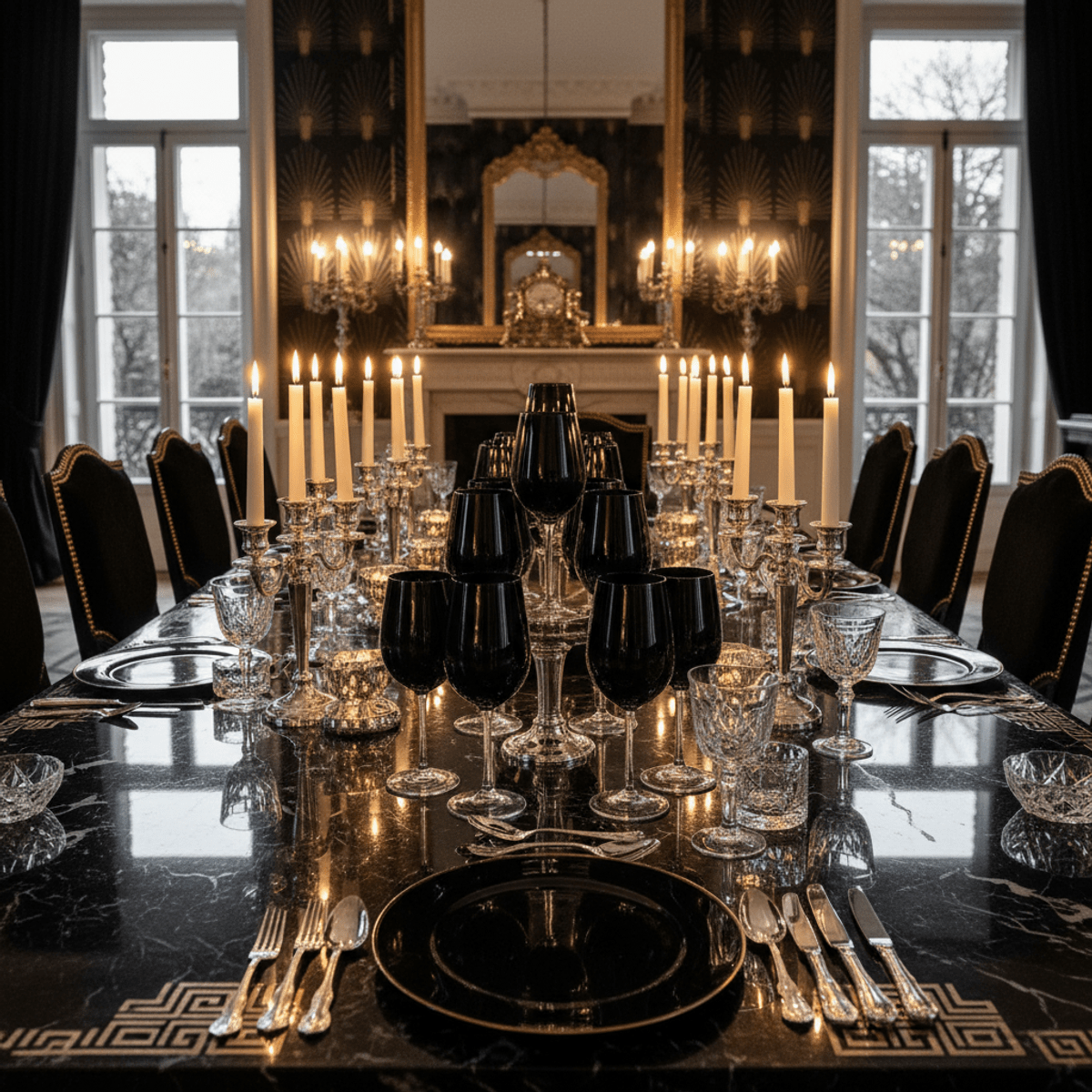 Luxurious formal dining room with black wine glasses centerpiece and silver cutlery.
